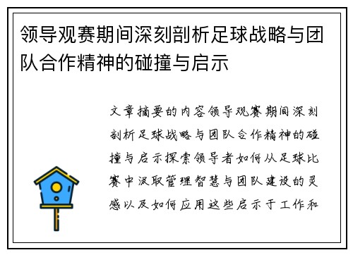 领导观赛期间深刻剖析足球战略与团队合作精神的碰撞与启示
