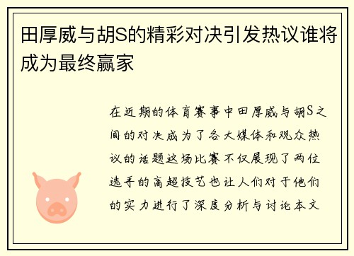 田厚威与胡S的精彩对决引发热议谁将成为最终赢家