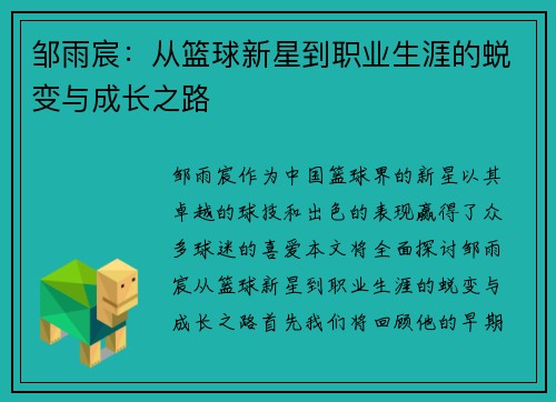 邹雨宸：从篮球新星到职业生涯的蜕变与成长之路