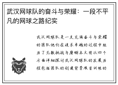 武汉网球队的奋斗与荣耀：一段不平凡的网球之路纪实